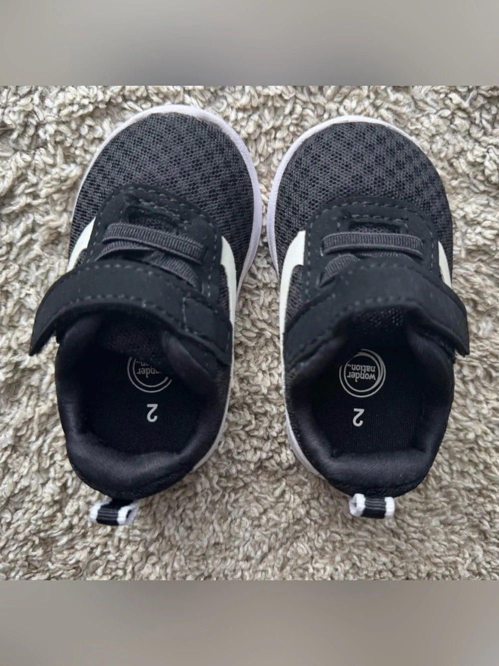 Wonder Nation Toddler Athletic Sneakers Black White Velcro Shoes Size 2